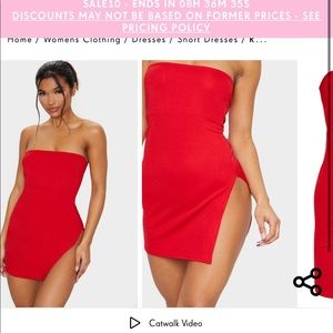 Red Crepe Split Side Bandeau Bodycon Dress